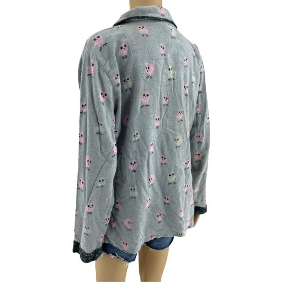 Munki Munki MEDIUM Gray Owl Pajama Sleep Top Long Sleeve Collared Button Up - Picture 4 of 6